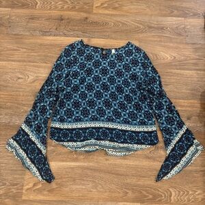 Roper Women’s Blue Geometric Bell Sleeve Blouse Mandala Western Boho Top Large